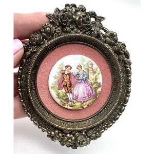 Antique Vtg Fragonard Signed Couple Porcelain Medallion Framed Limoges